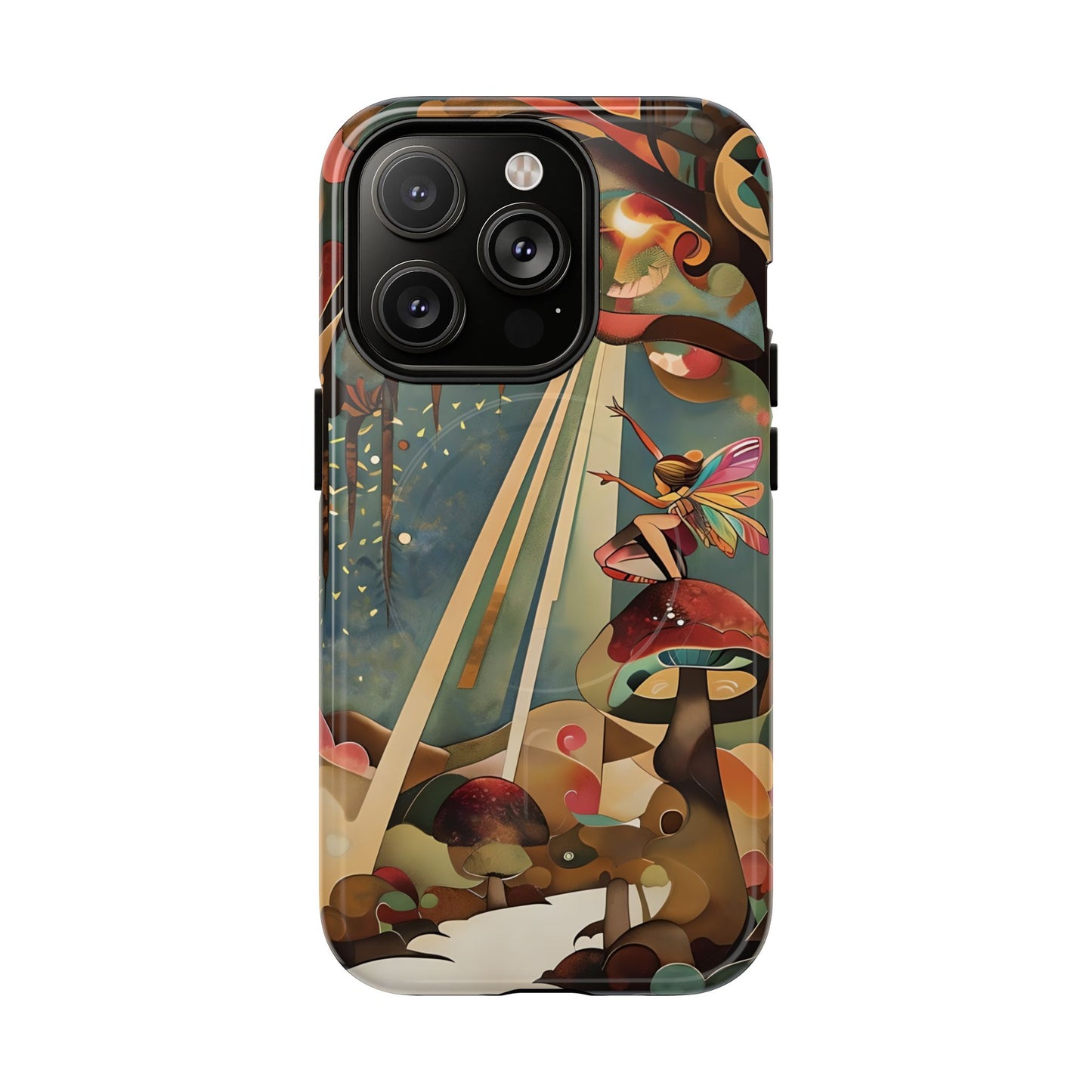 Enchanted Orchard iPhone 14 Pro MagSafe case featuring a whimsical fairy sitting on a mushroom with glowing forest elements and warm fantasy tones.