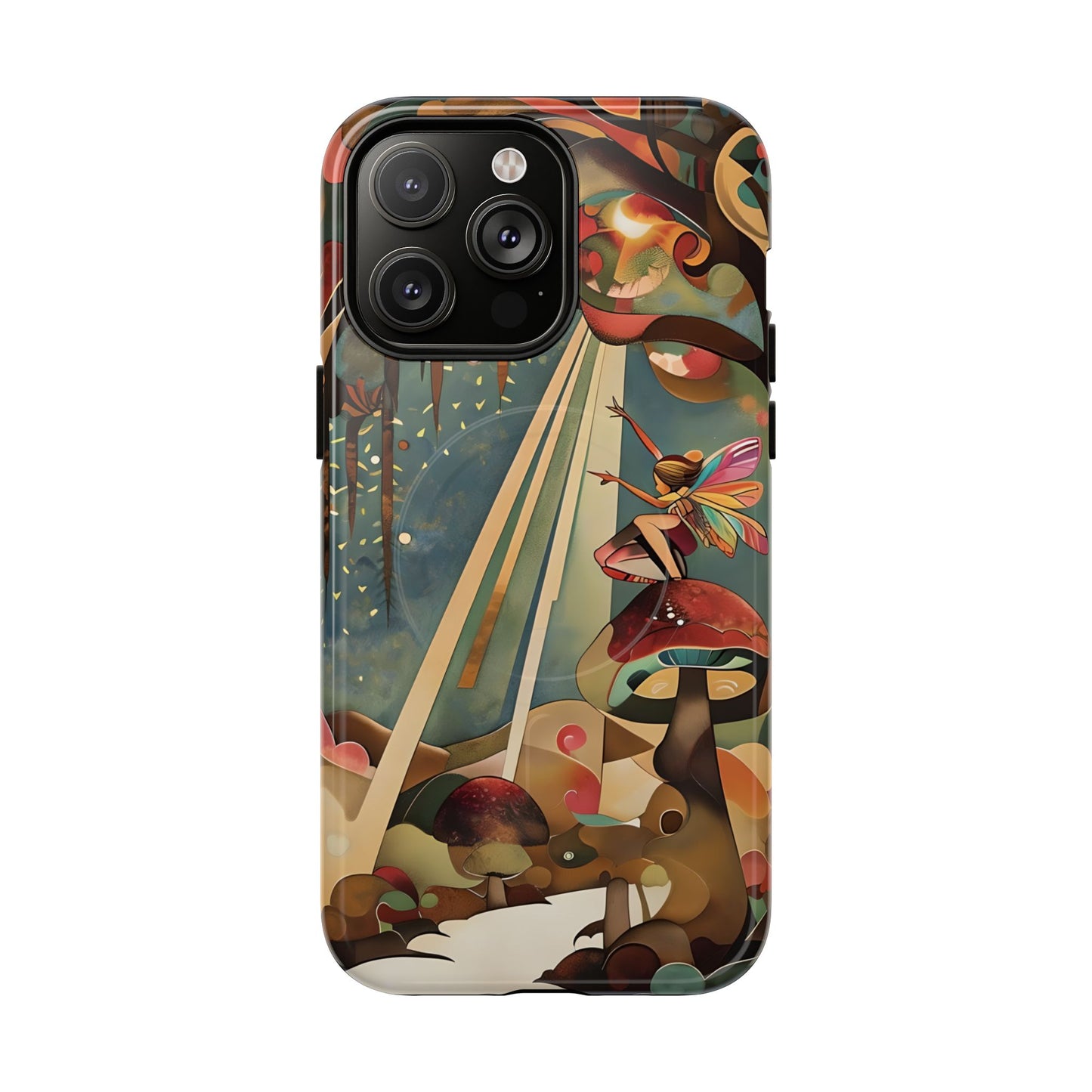 Enchanted Orchard iPhone 14 Pro Max MagSafe case featuring a whimsical fairy sitting on a mushroom with glowing forest elements and warm fantasy tones.