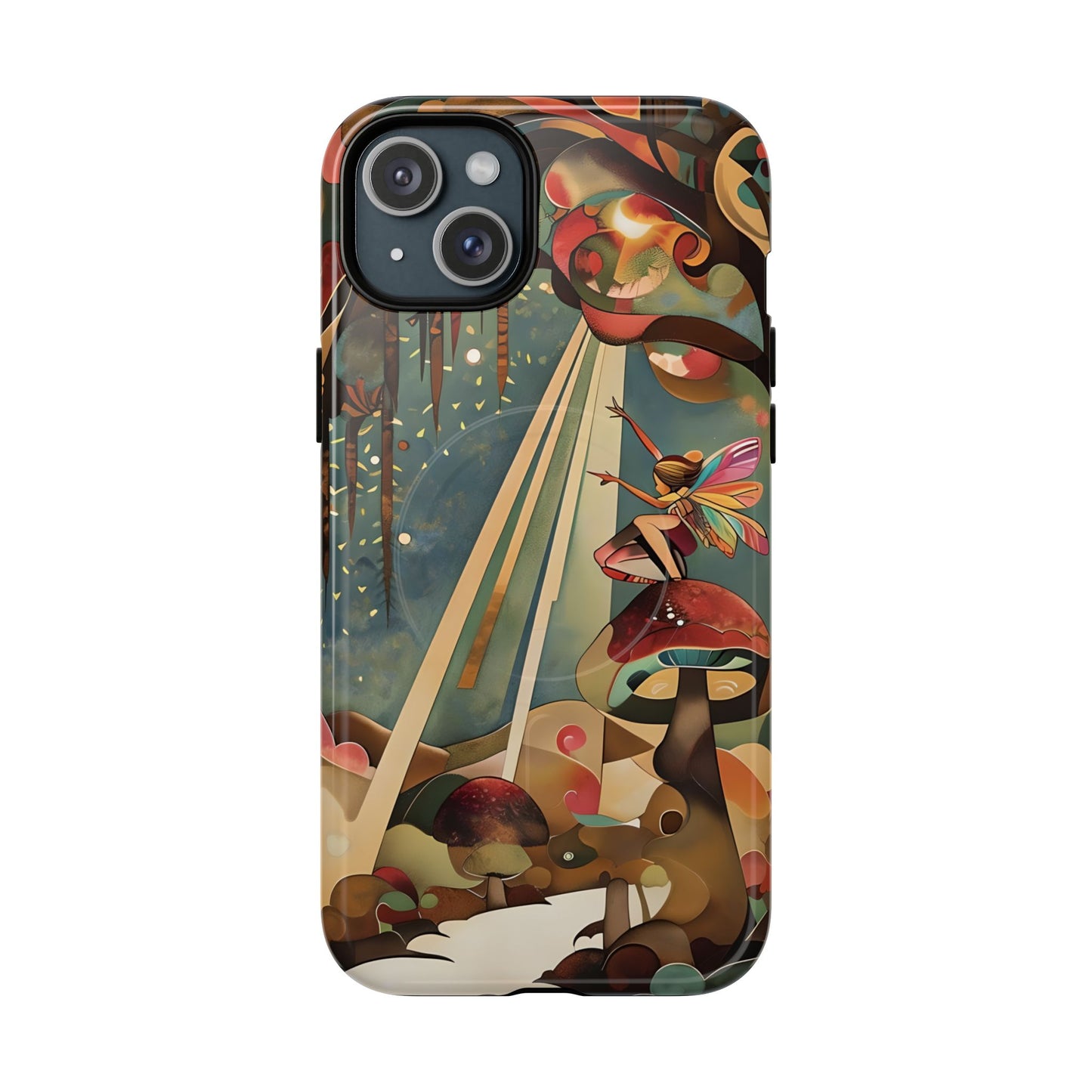 Enchanted Orchard iPhone 15 Plus MagSafe case featuring a whimsical fairy sitting on a mushroom with glowing forest elements and warm fantasy tones.