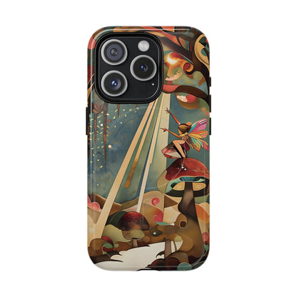 Enchanted Orchard iPhone 15 Pro MagSafe case featuring a whimsical fairy sitting on a mushroom with glowing forest elements and warm fantasy tones.
