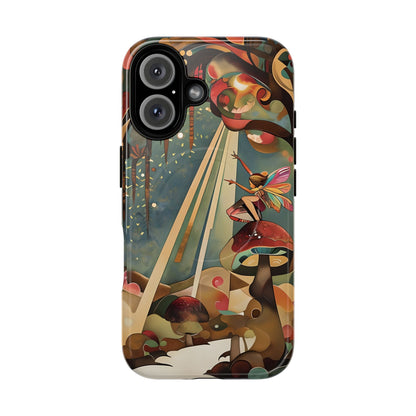 Enchanted Orchard iPhone 16 MagSafe case featuring a whimsical fairy sitting on a mushroom with glowing forest elements and warm fantasy tones.