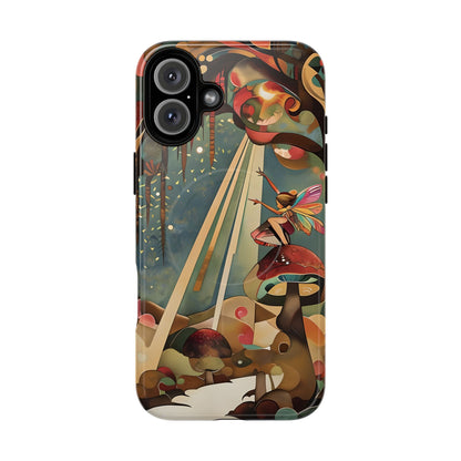 Enchanted Orchard iPhone 16 Plus MagSafe case featuring a whimsical fairy sitting on a mushroom with glowing forest elements and warm fantasy tones.