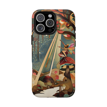 Enchanted Orchard iPhone 16 Pro Max MagSafe case featuring a whimsical fairy sitting on a mushroom with glowing forest elements and warm fantasy tones.