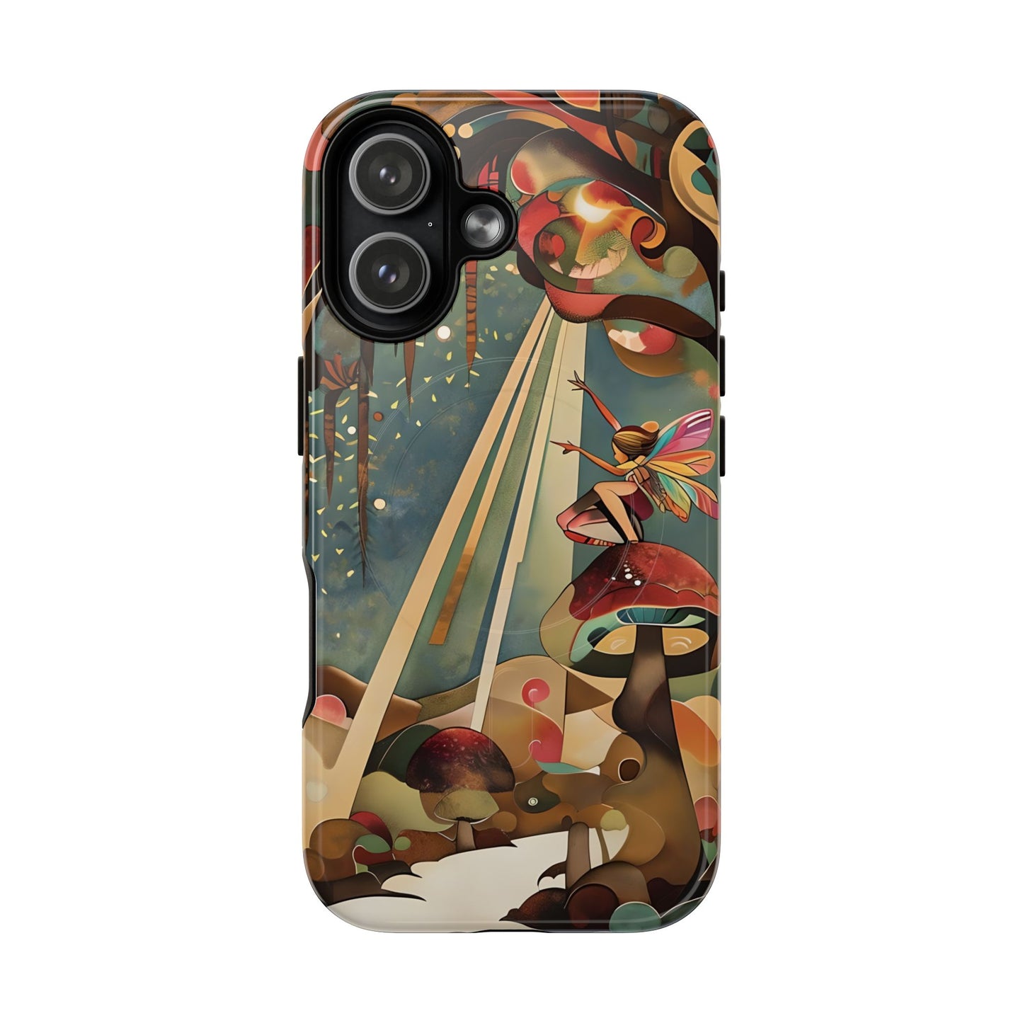Enchanted Orchard iPhone 17 MagSafe case featuring a whimsical fairy sitting on a mushroom with glowing forest elements and warm fantasy tones.