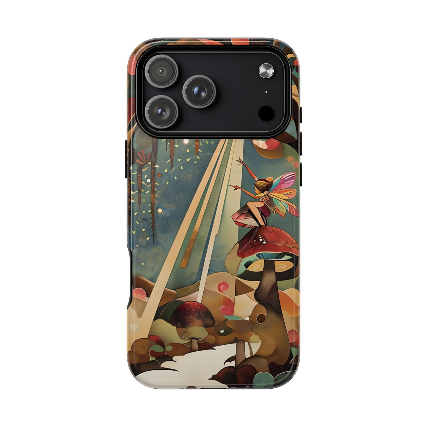 Enchanted Orchard iPhone 17 Pro Max MagSafe case featuring a whimsical fairy sitting on a mushroom with glowing forest elements and warm fantasy tones.