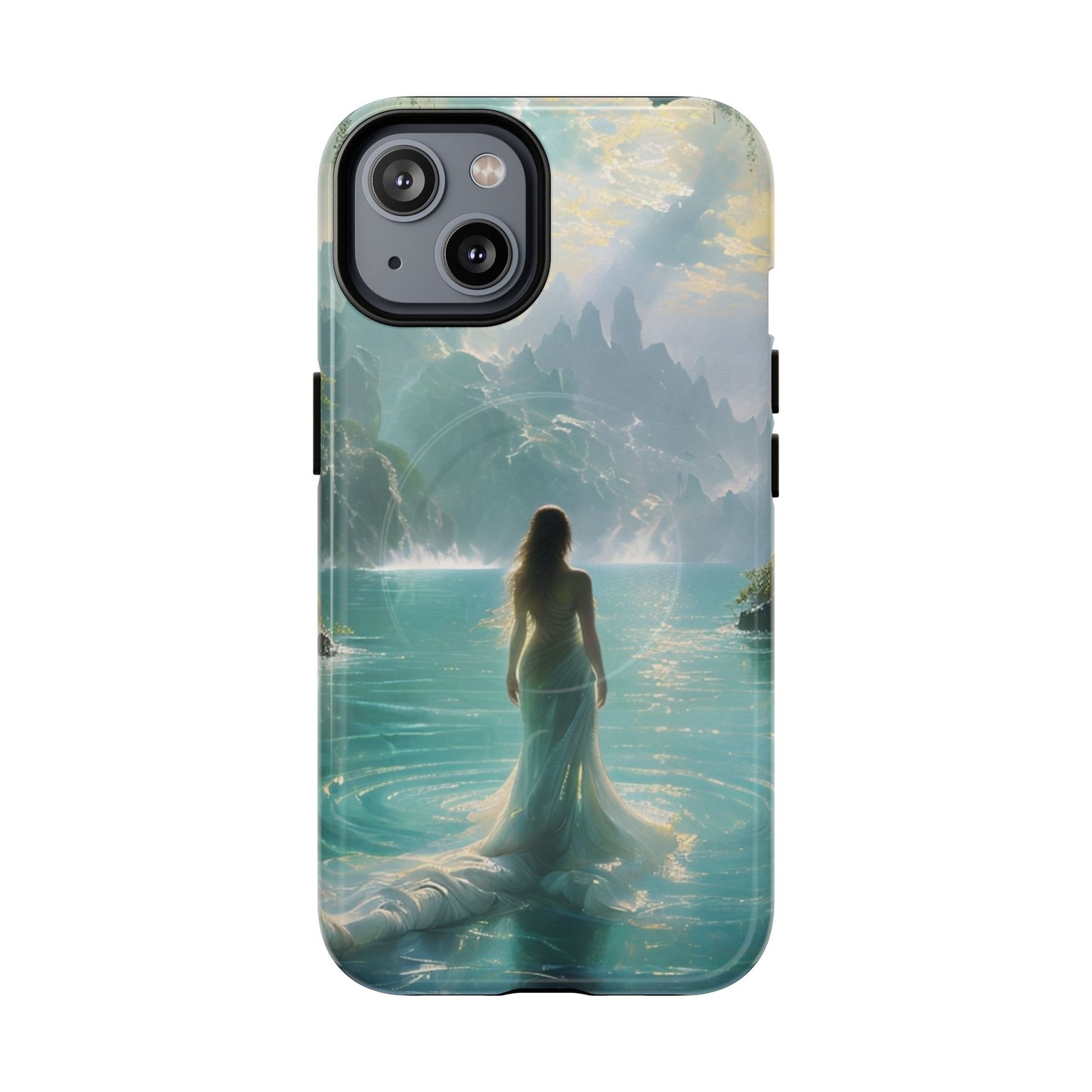Celestial Tides iPhone 14 MagSafe case featuring a serene fantasy ocean scene with a flowing figure standing in turquoise water beneath dramatic coastal cliffs.