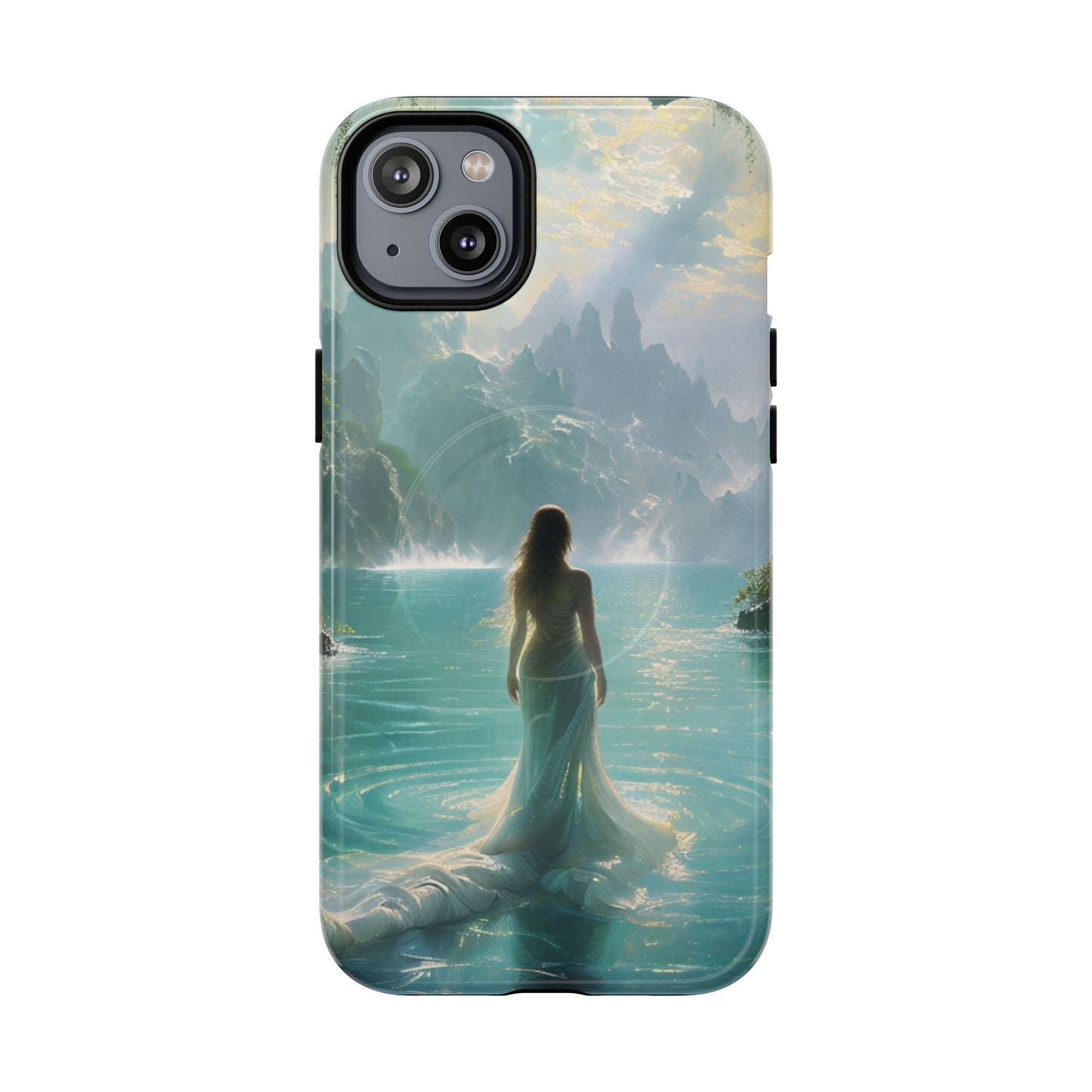 Celestial Tides iPhone 14 Plus MagSafe case featuring a serene fantasy ocean scene with a flowing figure standing in turquoise water beneath dramatic coastal cliffs.