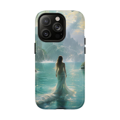 Celestial Tides iPhone 14 Pro MagSafe case featuring a serene fantasy ocean scene with a flowing figure standing in turquoise water beneath dramatic coastal cliffs.