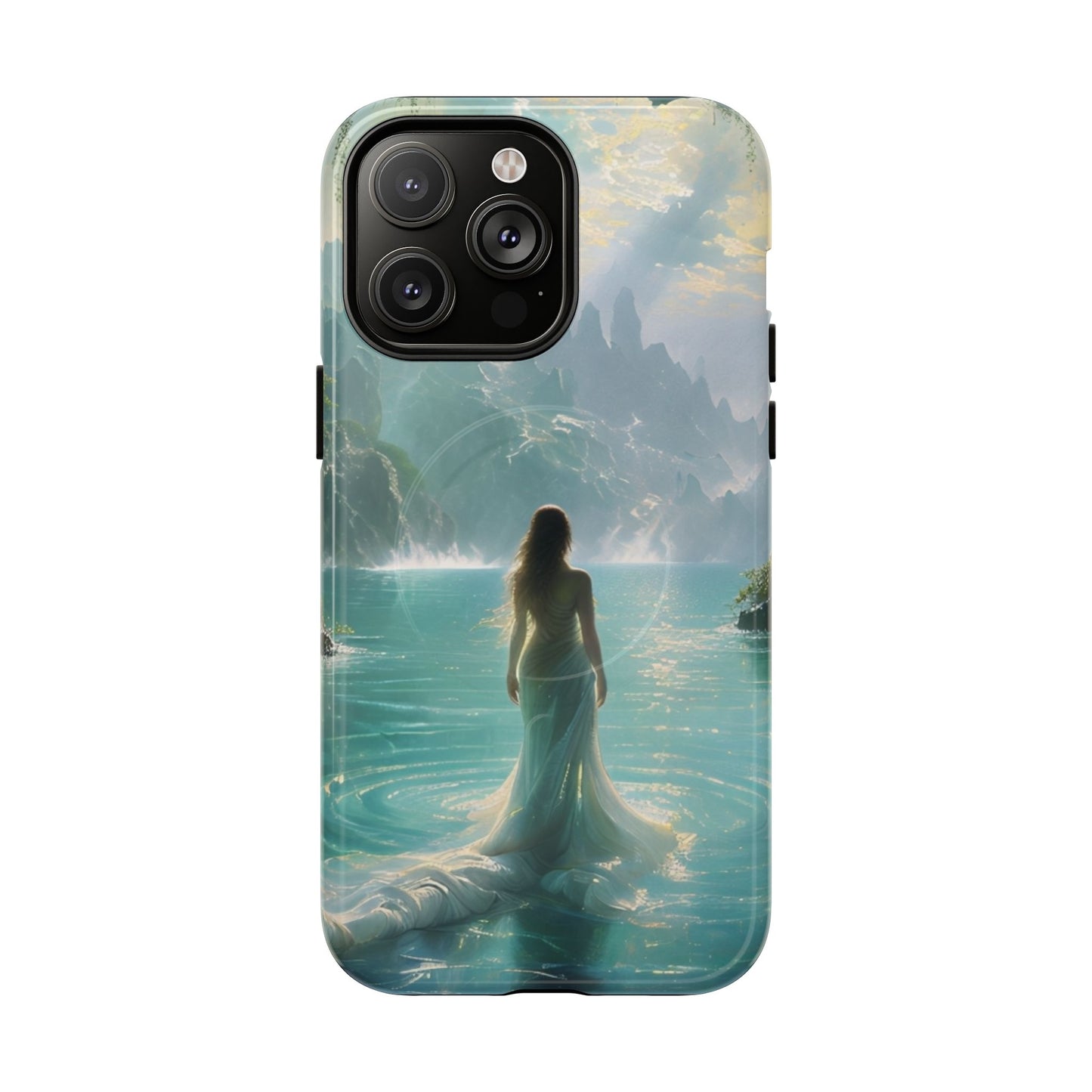 Celestial Tides iPhone 14 Pro Max MagSafe case featuring a serene fantasy ocean scene with a flowing figure standing in turquoise water beneath dramatic coastal cliffs.