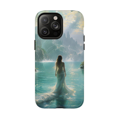 Celestial Tides iPhone 14 Pro Max MagSafe case featuring a serene fantasy ocean scene with a flowing figure standing in turquoise water beneath dramatic coastal cliffs.