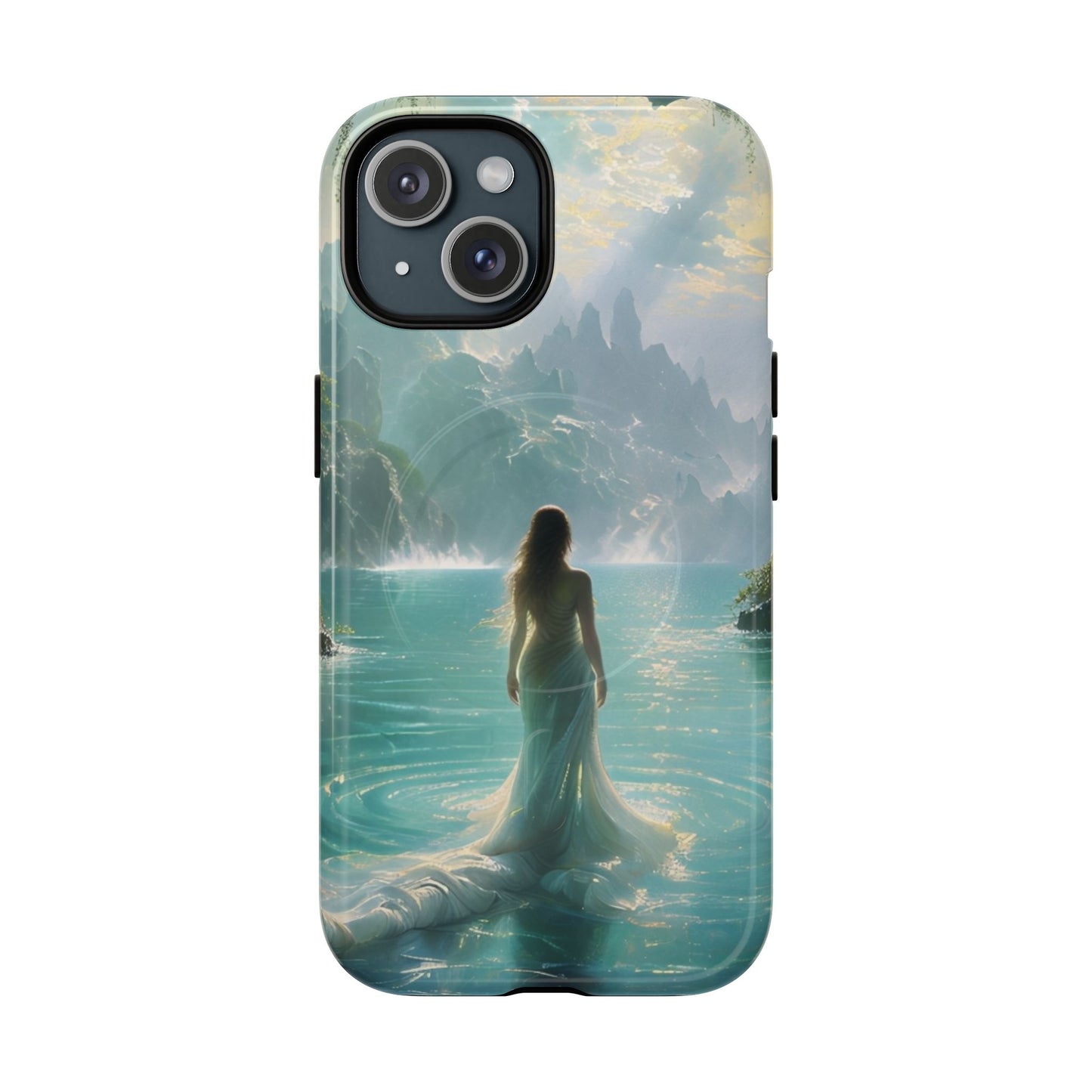 Celestial Tides iPhone 15 MagSafe case featuring a serene fantasy ocean scene with a flowing figure standing in turquoise water beneath dramatic coastal cliffs.