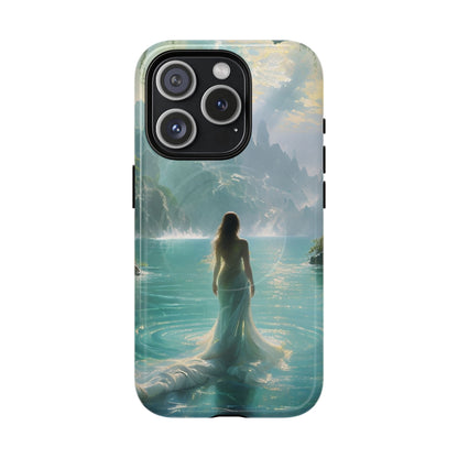 Celestial Tides iPhone 15 Pro MagSafe case featuring a serene fantasy ocean scene with a flowing figure standing in turquoise water beneath dramatic coastal cliffs.