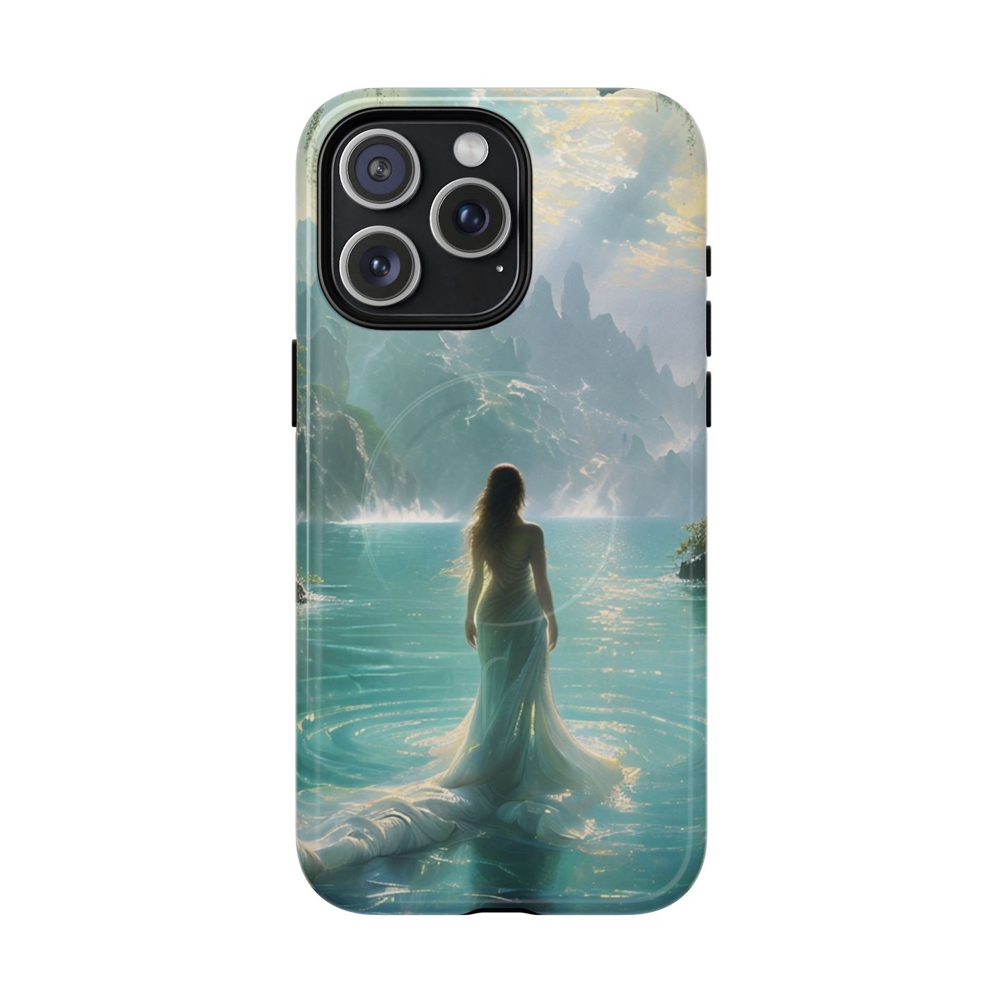 Celestial Tides iPhone 15 Pro Max MagSafe case featuring a serene fantasy ocean scene with a flowing figure standing in turquoise water beneath dramatic coastal cliffs.