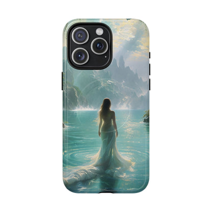 Celestial Tides iPhone 15 Pro Max MagSafe case featuring a serene fantasy ocean scene with a flowing figure standing in turquoise water beneath dramatic coastal cliffs.