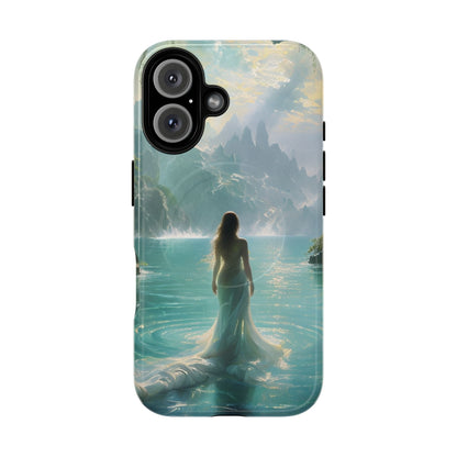 Celestial Tides iPhone 16 MagSafe case featuring a serene fantasy ocean scene with a flowing figure standing in turquoise water beneath dramatic coastal cliffs.