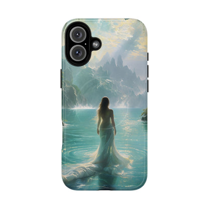 Celestial Tides iPhone 16 Plus MagSafe case featuring a serene fantasy ocean scene with a flowing figure standing in turquoise water beneath dramatic coastal cliffs.