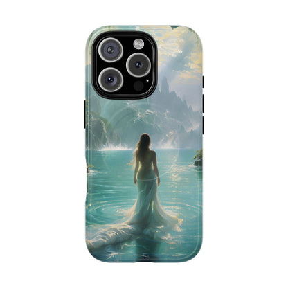 Celestial Tides iPhone 16 Pro MagSafe case featuring a serene fantasy ocean scene with a flowing figure standing in turquoise water beneath dramatic coastal cliffs.