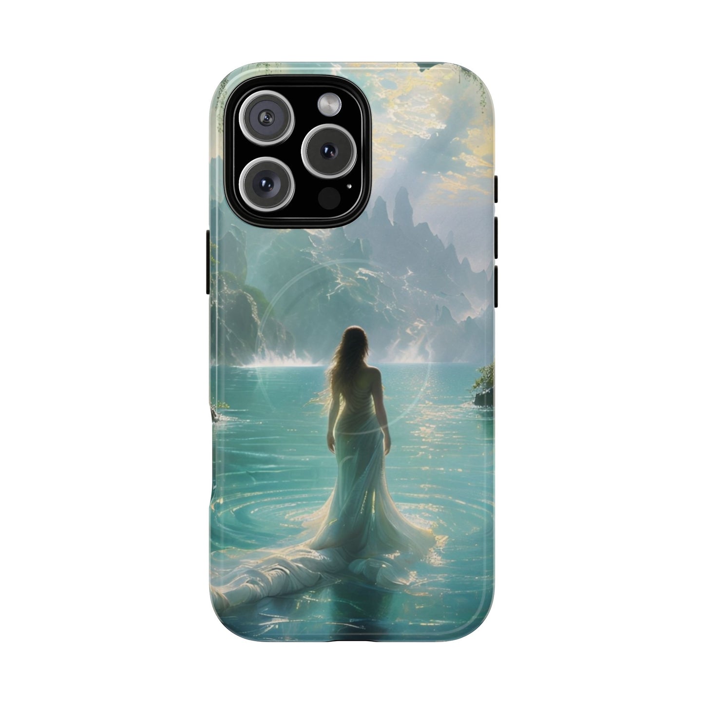 Celestial Tides iPhone 16 Pro Max MagSafe case featuring a serene fantasy ocean scene with a flowing figure standing in turquoise water beneath dramatic coastal cliffs. 