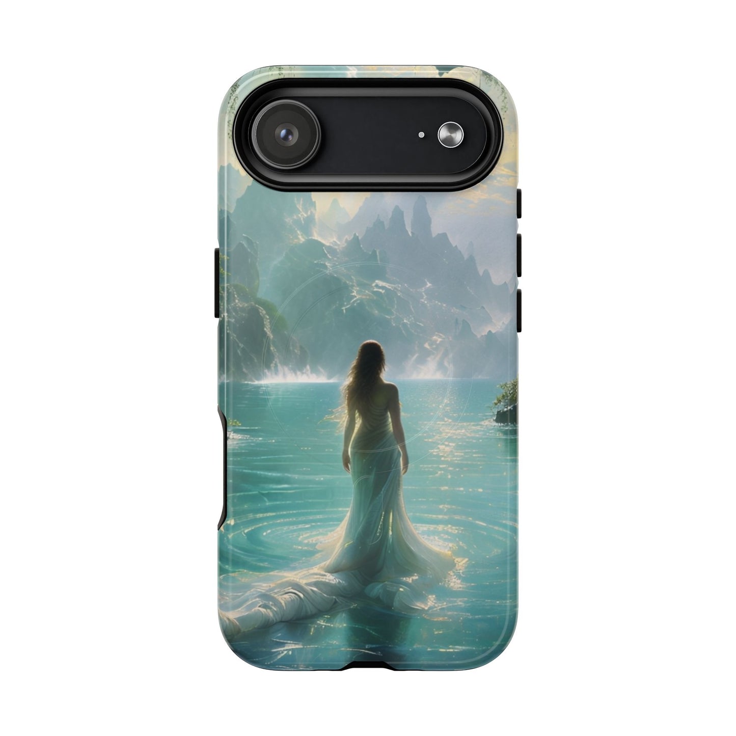 Celestial Tides iPhone 17 Air MagSafe case featuring a serene fantasy ocean scene with a flowing figure standing in turquoise water beneath dramatic coastal cliffs.