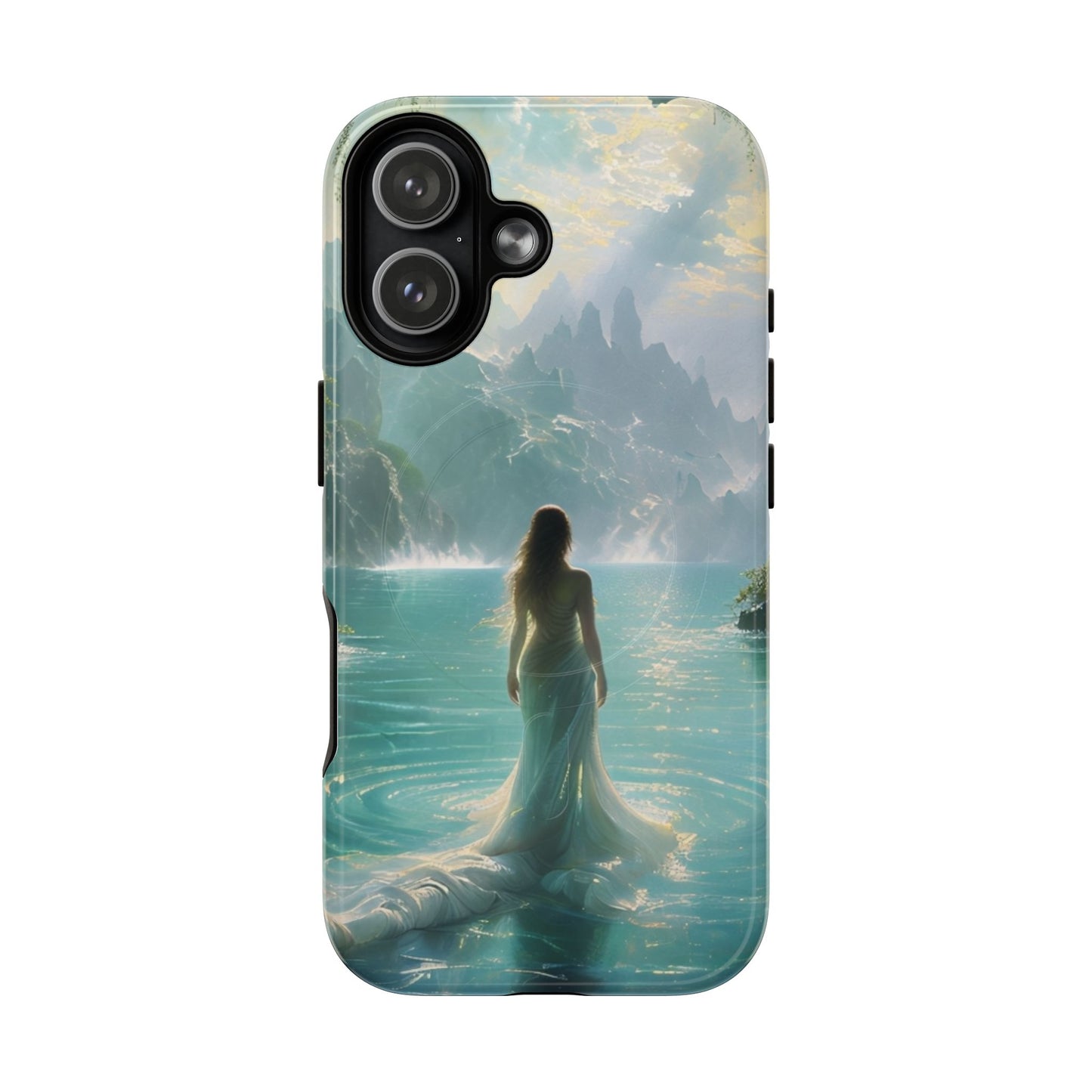 Celestial Tides iPhone 17 MagSafe case featuring a serene fantasy ocean scene with a flowing figure standing in turquoise water beneath dramatic coastal cliffs.