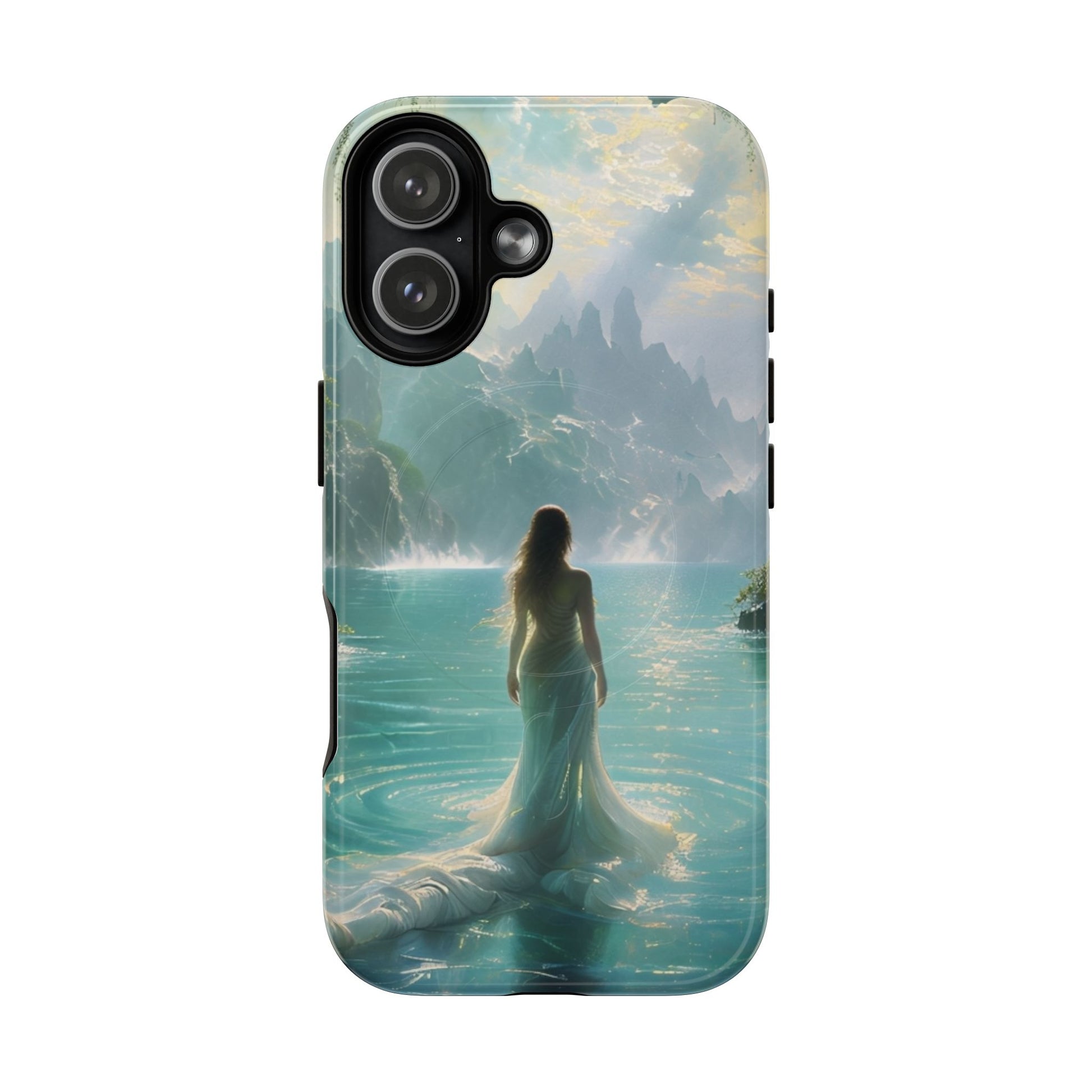 Celestial Tides iPhone 17 MagSafe case featuring a serene fantasy ocean scene with a flowing figure standing in turquoise water beneath dramatic coastal cliffs.