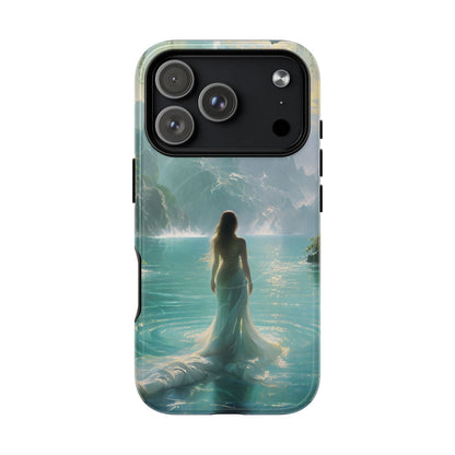 Celestial Tides iPhone 17 Pro MagSafe case featuring a serene fantasy ocean scene with a flowing figure standing in turquoise water beneath dramatic coastal cliffs.