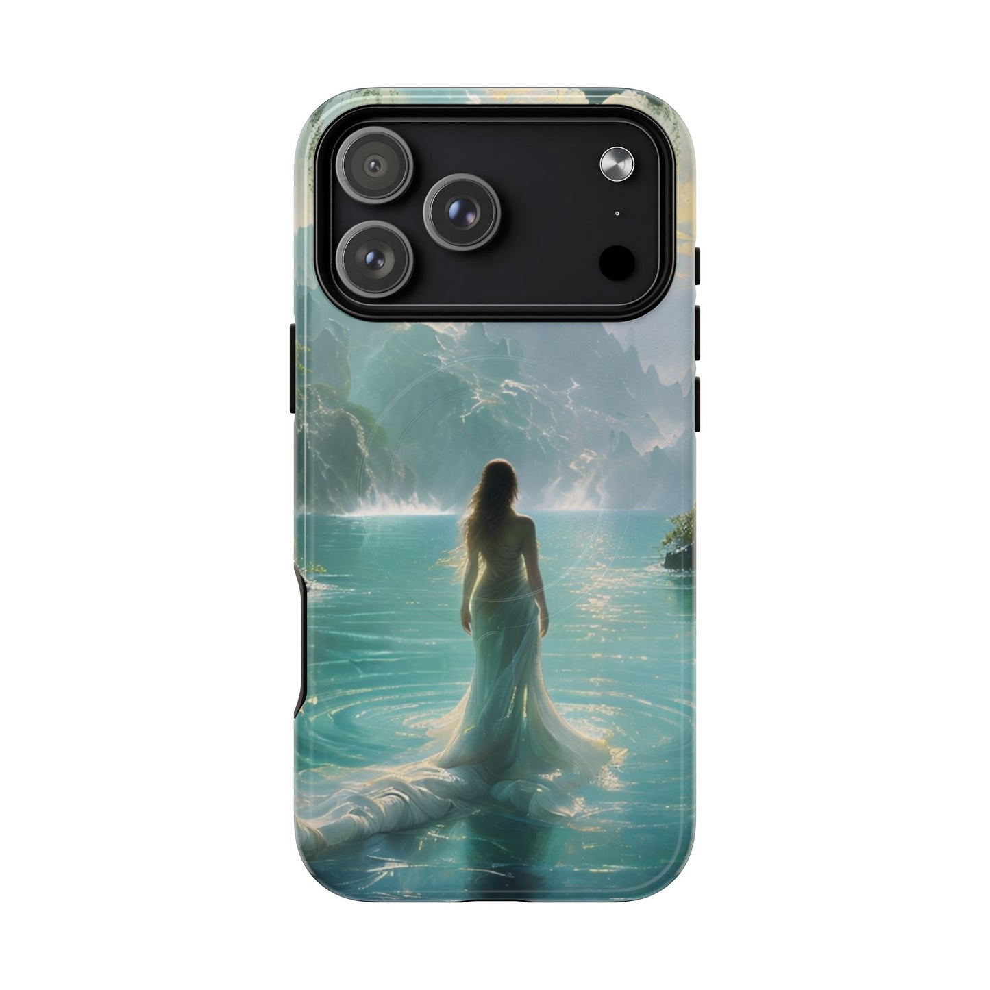 Celestial Tides iPhone 17 Pro Max MagSafe case featuring a serene fantasy ocean scene with a flowing figure standing in turquoise water beneath dramatic coastal cliffs.