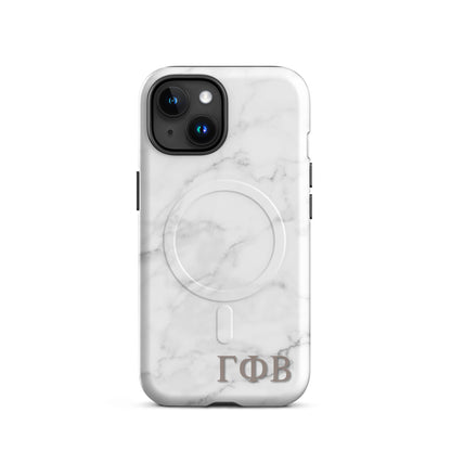 Gamma Phi Beta marble iPhone 15 case with white stone pattern and ΓΦΒ Greek letters, slim protective aesthetic phone cover