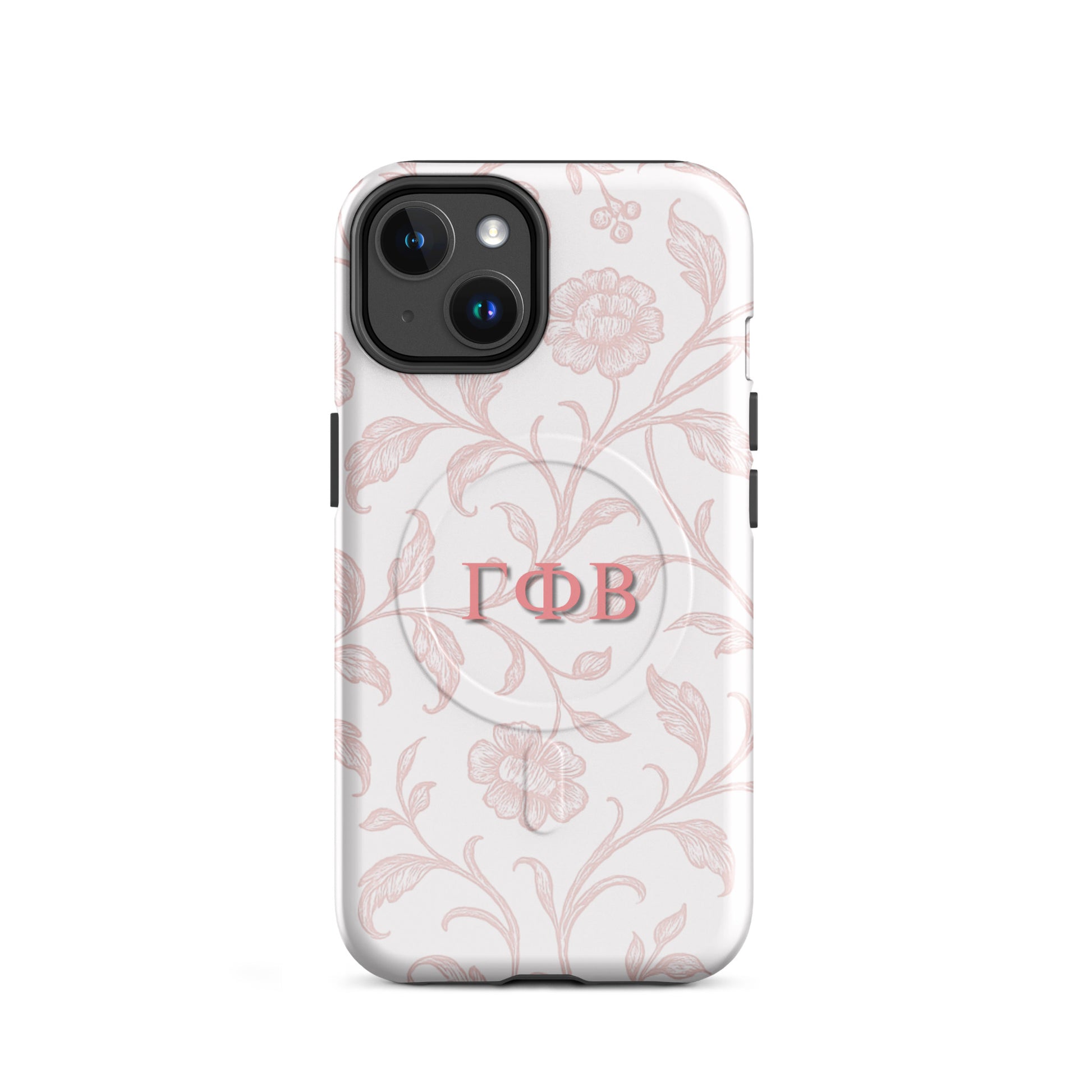 Gamma Phi Beta floral toile iPhone 14 case with pink botanical pattern and ΓΦΒ Greek letters, slim protective aesthetic phone cover