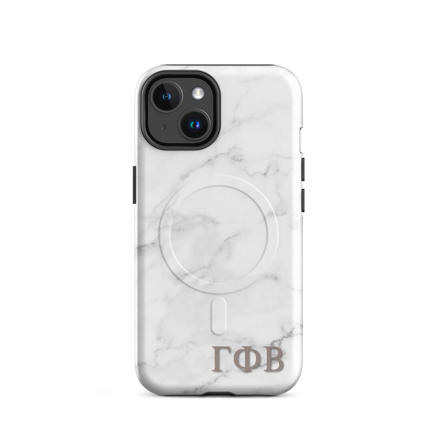 Gamma Phi Beta marble iPhone 14 case with white stone pattern and ΓΦΒ Greek letters, slim protective aesthetic phone cover