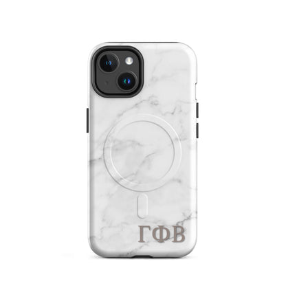 Gamma Phi Beta marble iPhone 14 case with white stone pattern and ΓΦΒ Greek letters, slim protective aesthetic phone cover