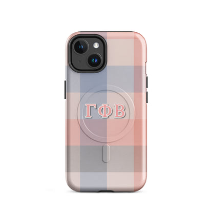 Gamma Phi Beta iPhone 14 case with pink and blue plaid design and ΓΦΒ Greek letters, slim protective aesthetic phone cover