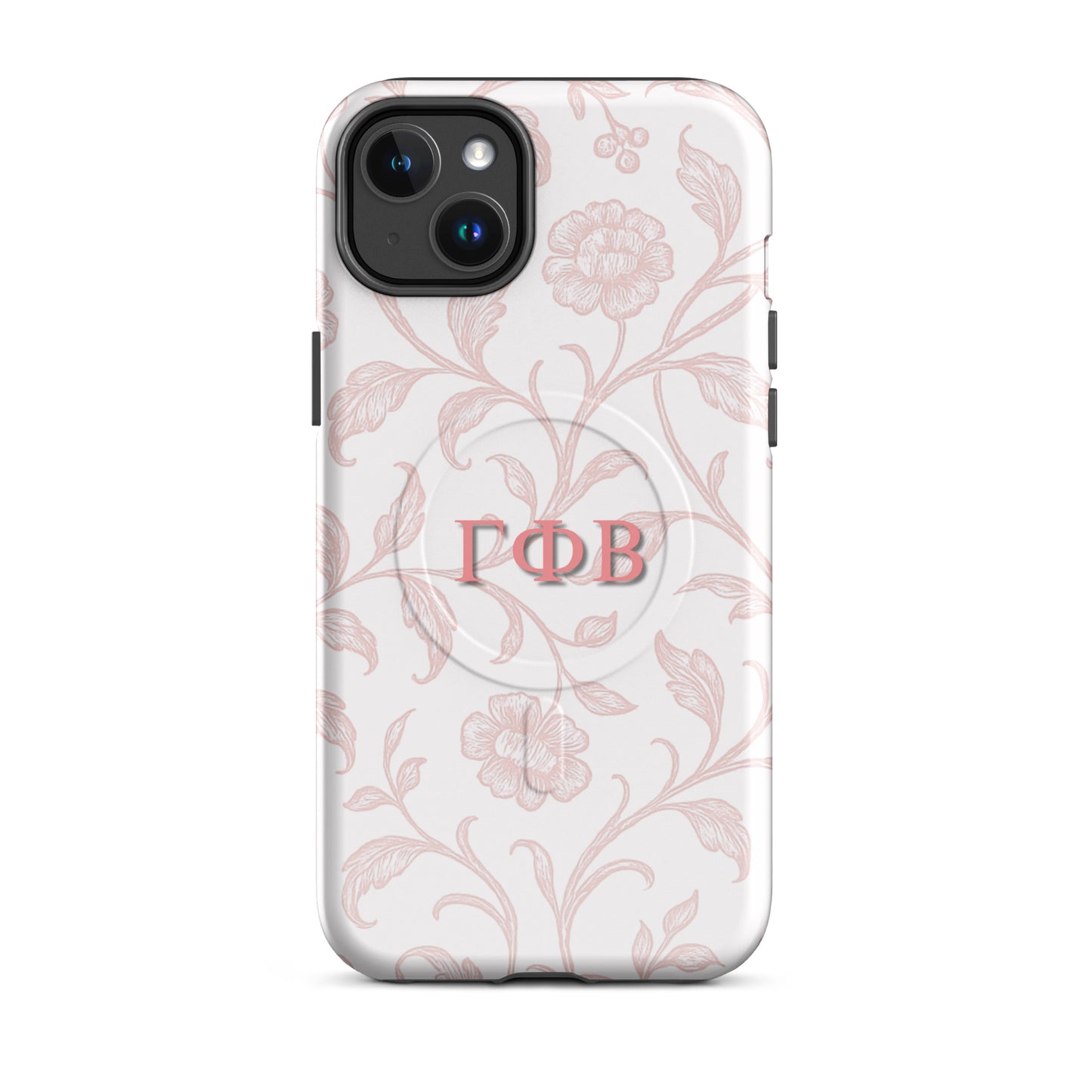 Gamma Phi Beta pink floral iPhone 14 Plus case – elegant toile pattern with Greek letters, durable slim protective sorority phone case