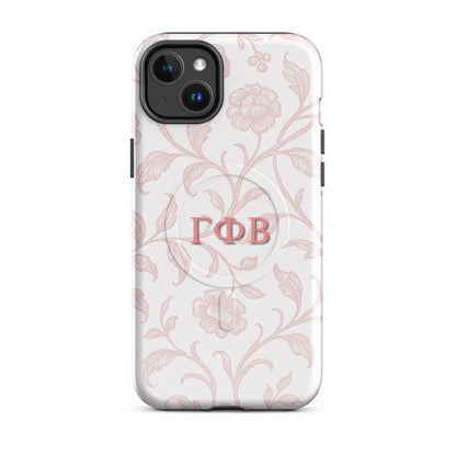 Gamma Phi Beta pink floral iPhone 14 Plus case – elegant toile pattern with Greek letters, durable slim protective sorority phone case