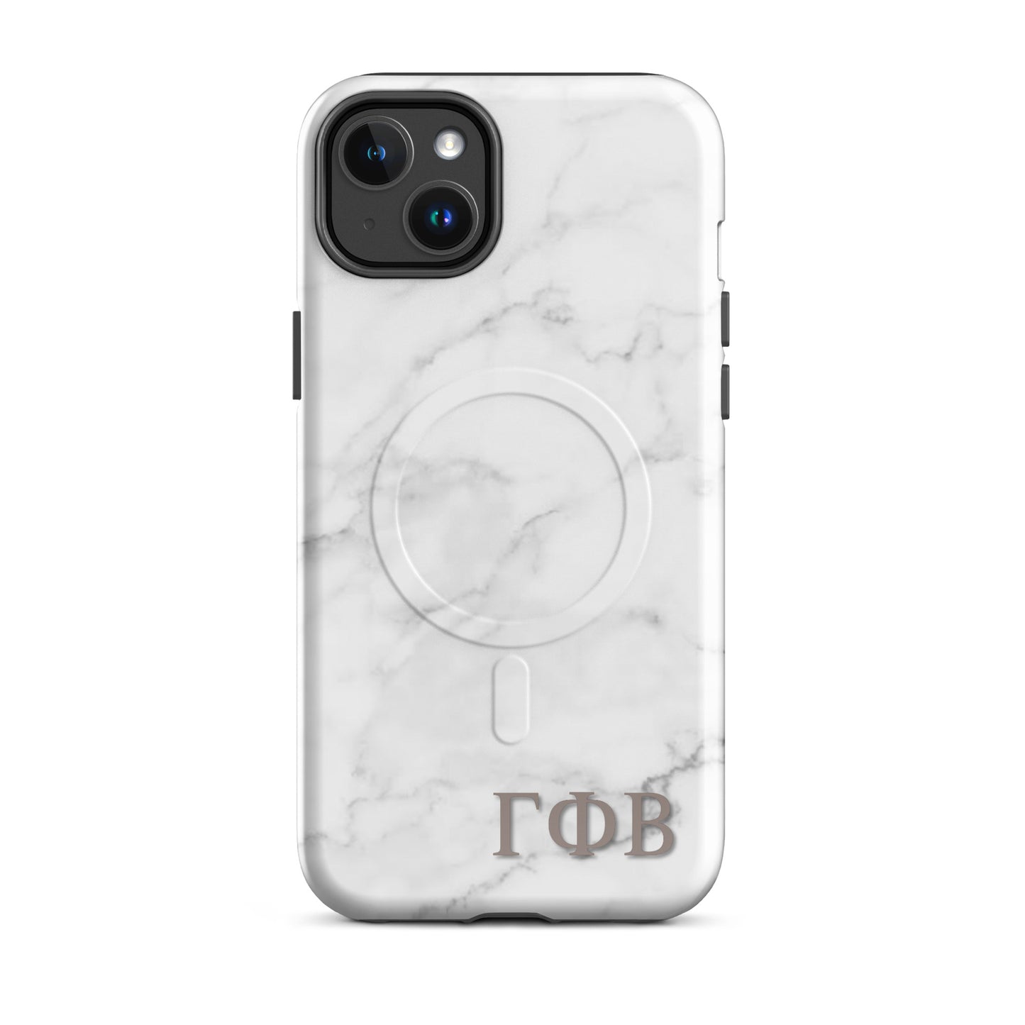 Gamma Phi Beta white marble iPhone 14 Plus case – minimalist stone design with Greek letters, durable slim protective phone case