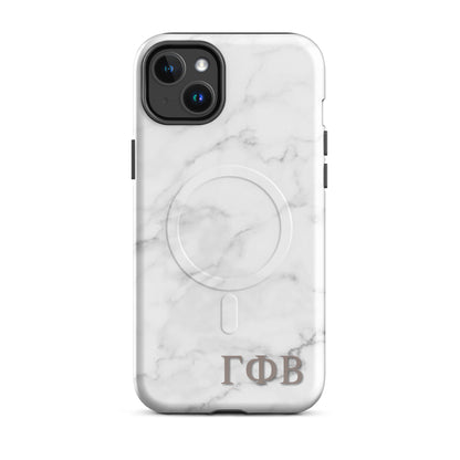 Gamma Phi Beta white marble iPhone 14 Plus case – minimalist stone design with Greek letters, durable slim protective phone case