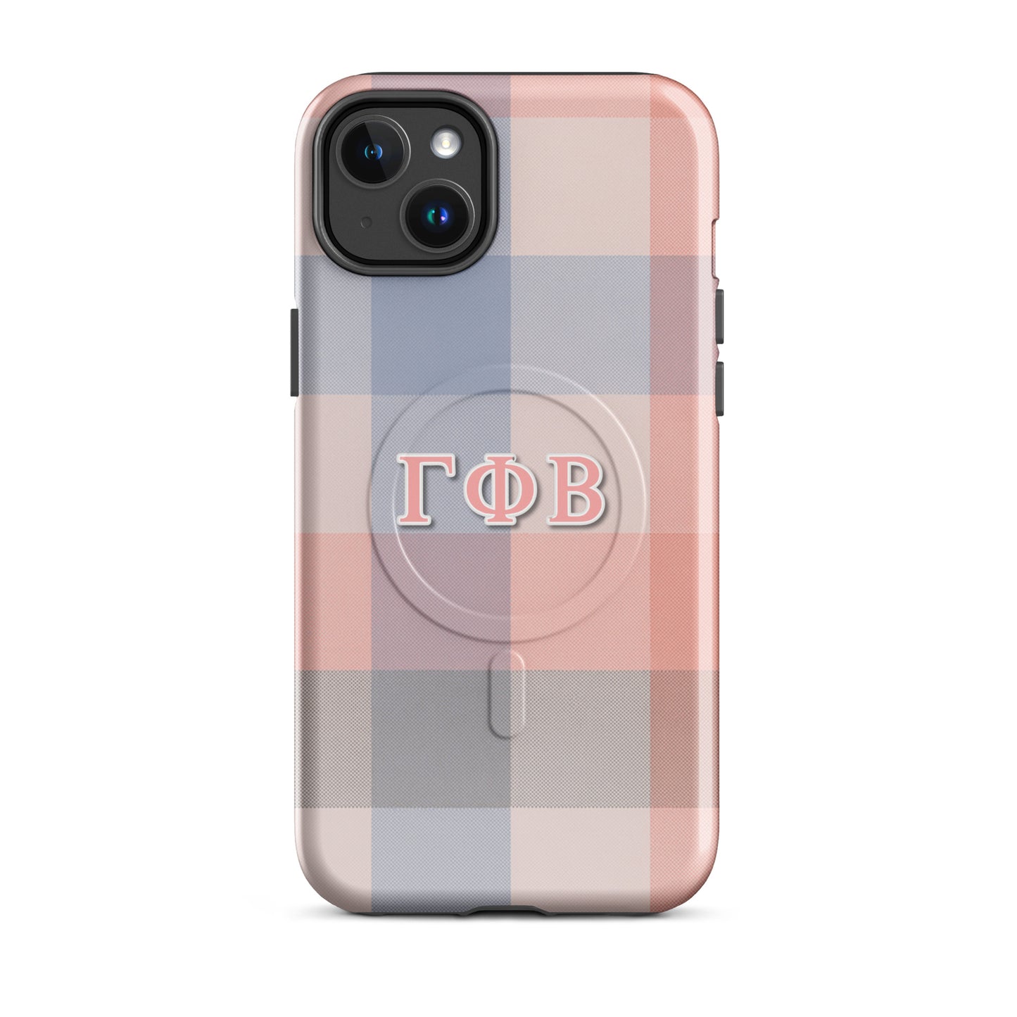Gamma Phi Beta plaid iPhone 14 Plus case – soft pink and blue check pattern with Greek letters, durable slim protective phone case