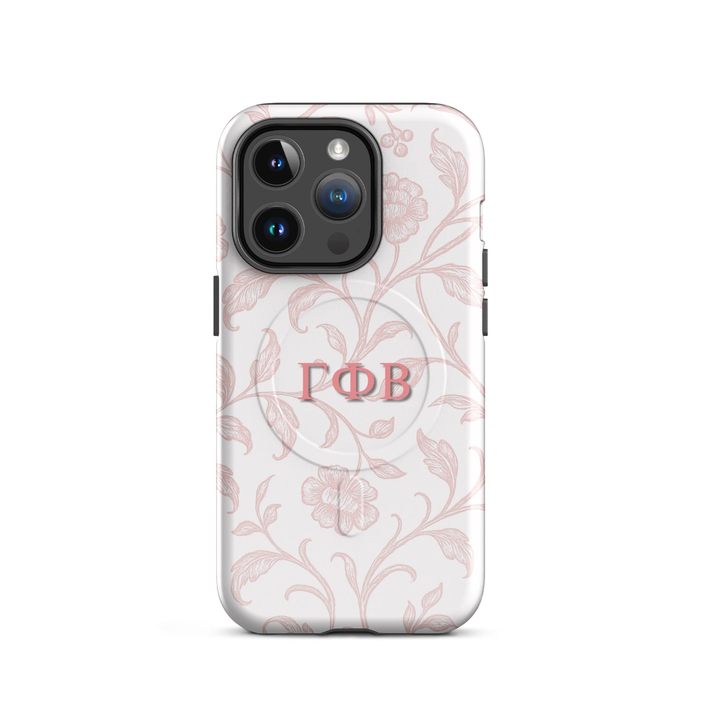 Gamma Phi Beta pink floral iPhone 14 Pro case – elegant toile pattern with Greek letters, durable slim protective sorority phone case