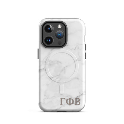 Gamma Phi Beta ΓΦΒ iPhone 14 Pro case with white marble texture, lightweight dual-layer protection, modern minimalist sorority phone cover