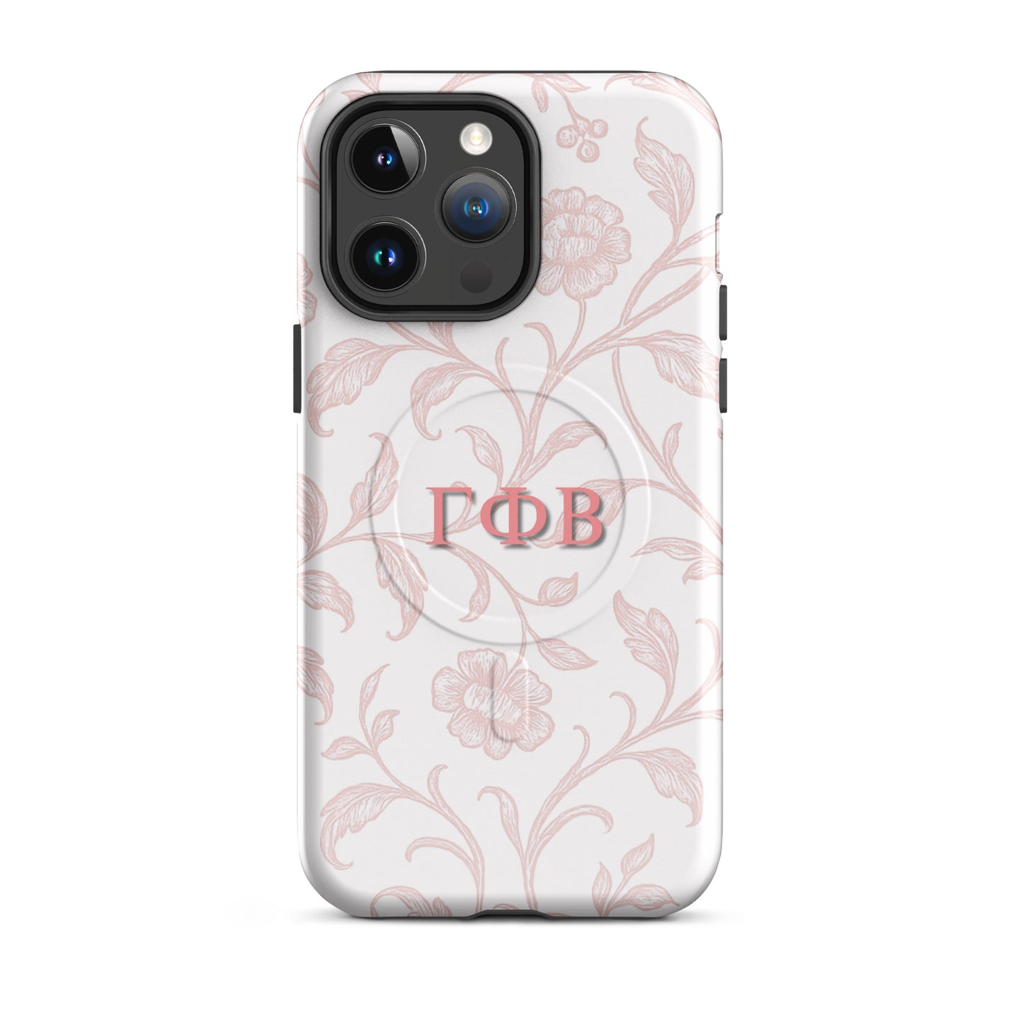 Gamma Phi Beta ΓΦΒ iPhone 14 Pro Max case with soft pink floral line art design, lightweight dual-layer protection, feminine aesthetic cover