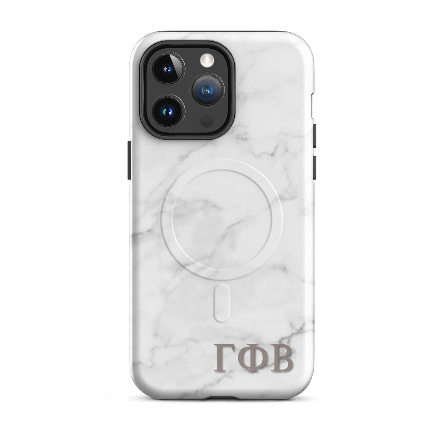 Gamma Phi Beta marble iPhone 14 Pro Max case with white stone pattern and ΓΦΒ Greek letters, slim protective aesthetic phone cover