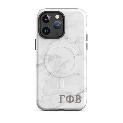 Gamma Phi Beta marble iPhone 14 Pro Max case with white stone pattern and ΓΦΒ Greek letters, slim protective aesthetic phone cover