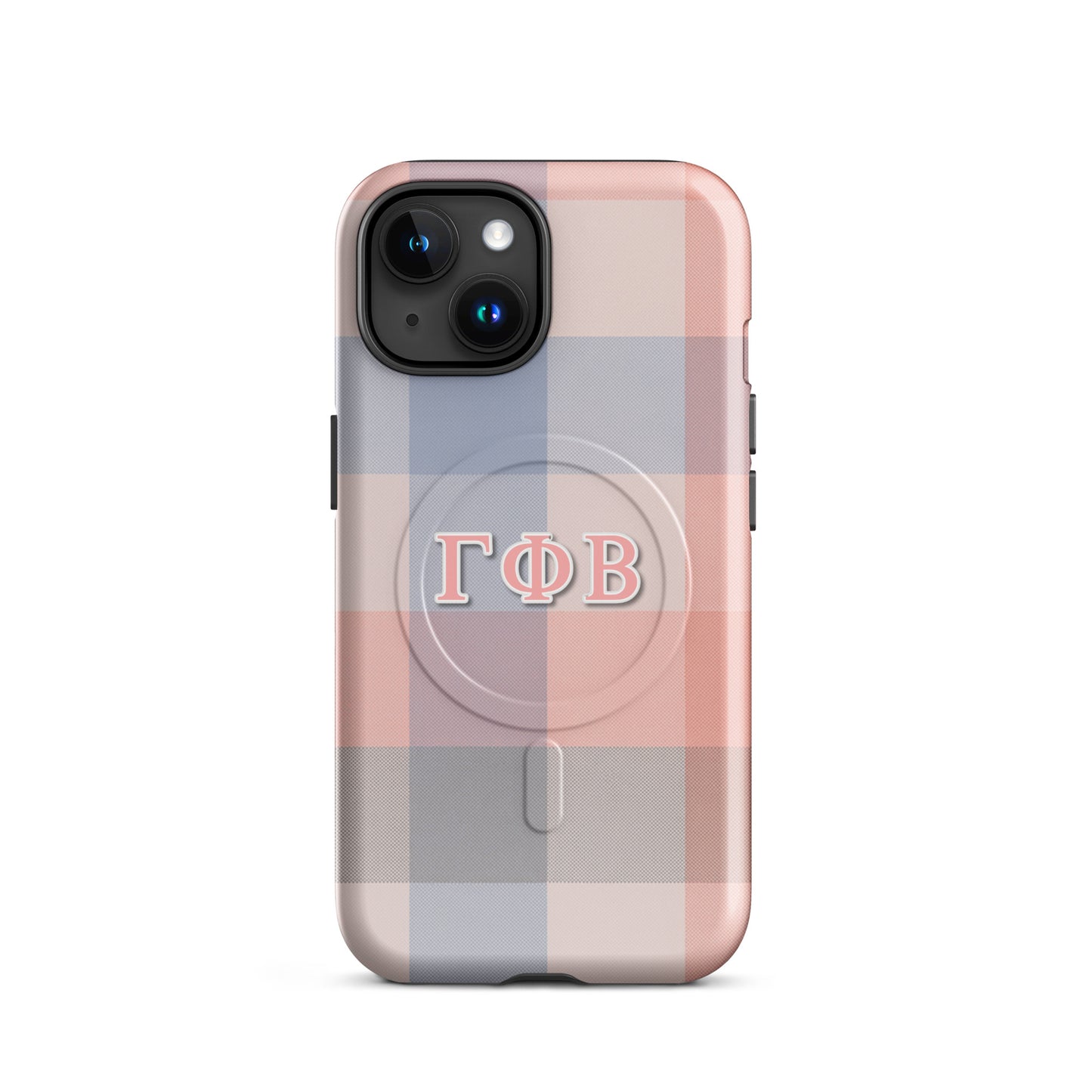 Gamma Phi Beta ΓΦΒ iPhone 15 case with pastel plaid pattern, lightweight dual-layer protection, stylish sorority phone cover