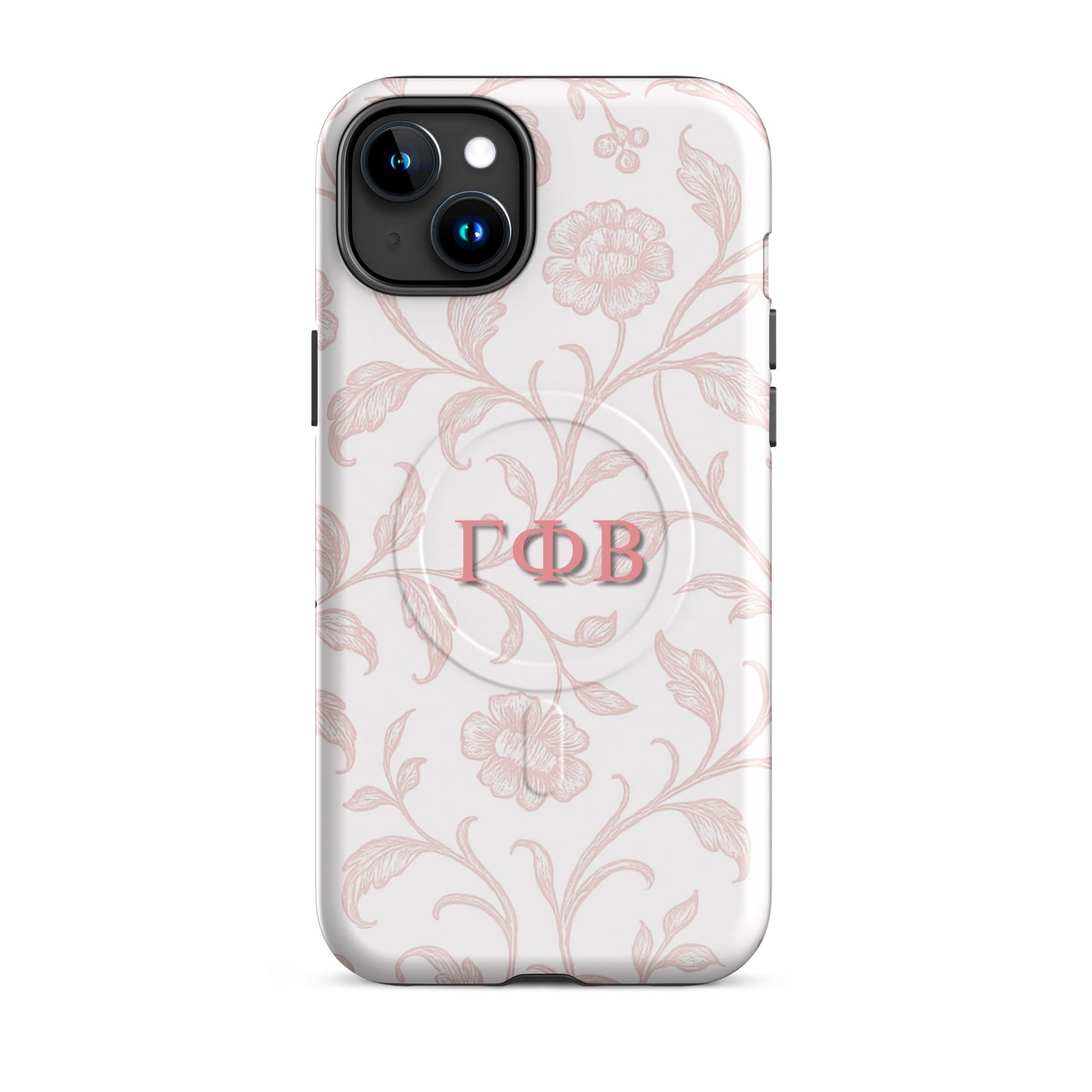 Gamma Phi Beta ΓΦΒ iPhone 15 Plus case with soft pink floral line art design, lightweight dual-layer protection, feminine aesthetic cover