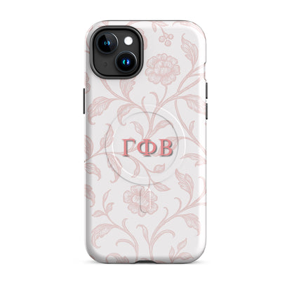 Gamma Phi Beta ΓΦΒ iPhone 15 Plus case with soft pink floral line art design, lightweight dual-layer protection, feminine aesthetic cover