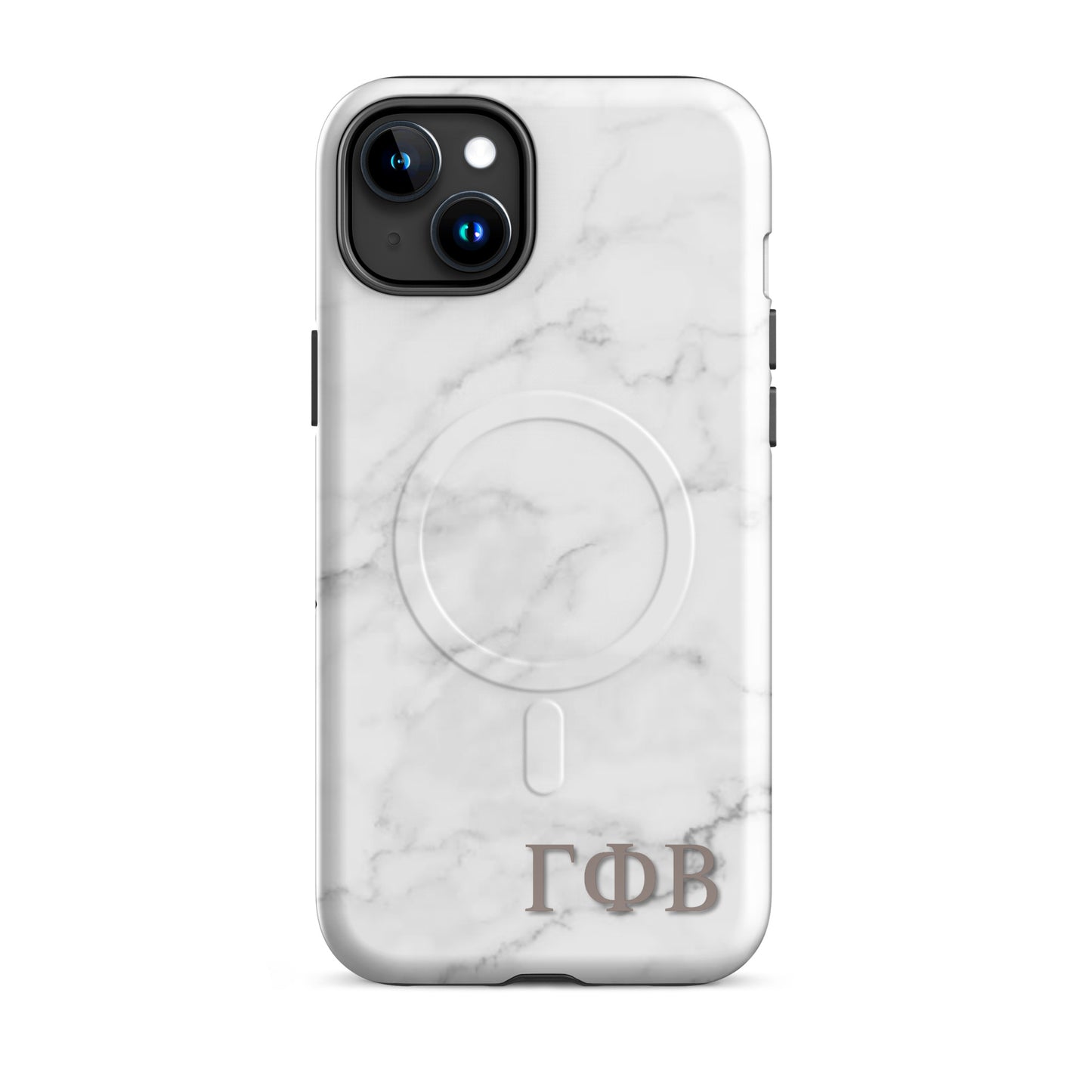 Gamma Phi Beta white marble iPhone  15 Plus case – minimalist stone design with Greek letters, durable slim protective phone case