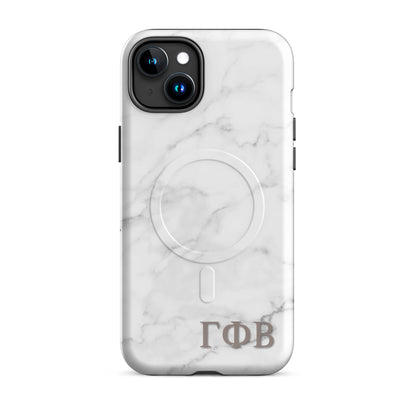 Gamma Phi Beta white marble iPhone  15 Plus case – minimalist stone design with Greek letters, durable slim protective phone case