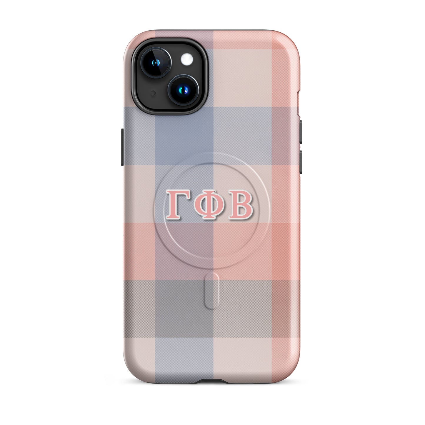 Gamma Phi Beta plaid iPhone 15 Plus case – soft pink and blue check pattern with Greek letters, durable slim protective phone case