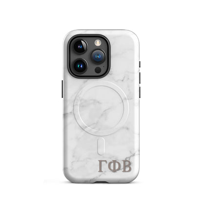 Gamma Phi Beta ΓΦΒ iPhone 15 Pro case with white marble texture, lightweight dual-layer protection, modern minimalist sorority phone cover