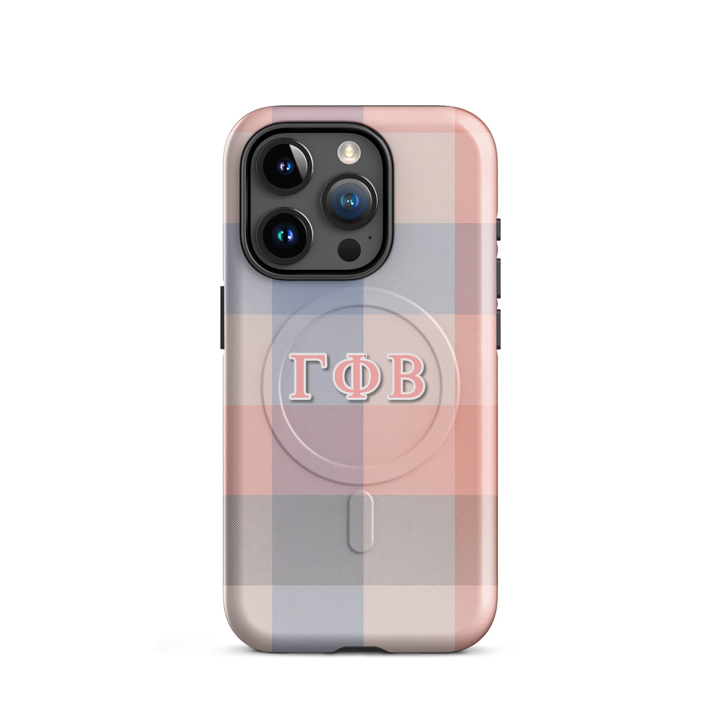 Gamma Phi Beta iPhone 15 Pro case with pink and blue plaid design and ΓΦΒ Greek letters, slim protective aesthetic phone cover